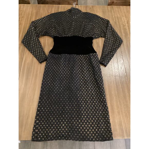 Fernando Sanchez Vintage brocade eyelet Long Sleeve black gold midi retro Dress - Picture 11 of 16